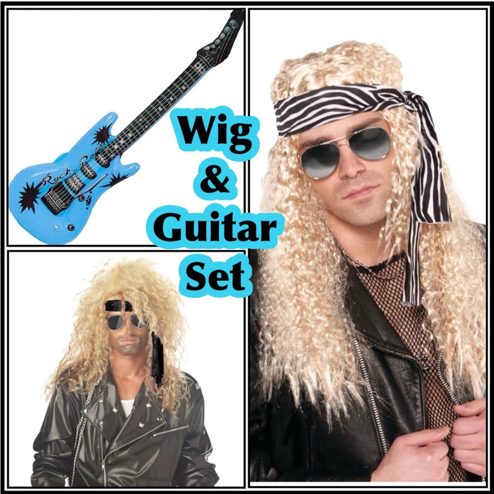 Hard Rocker Wig 80's Rock Star With Inflatable Guitar Accessory